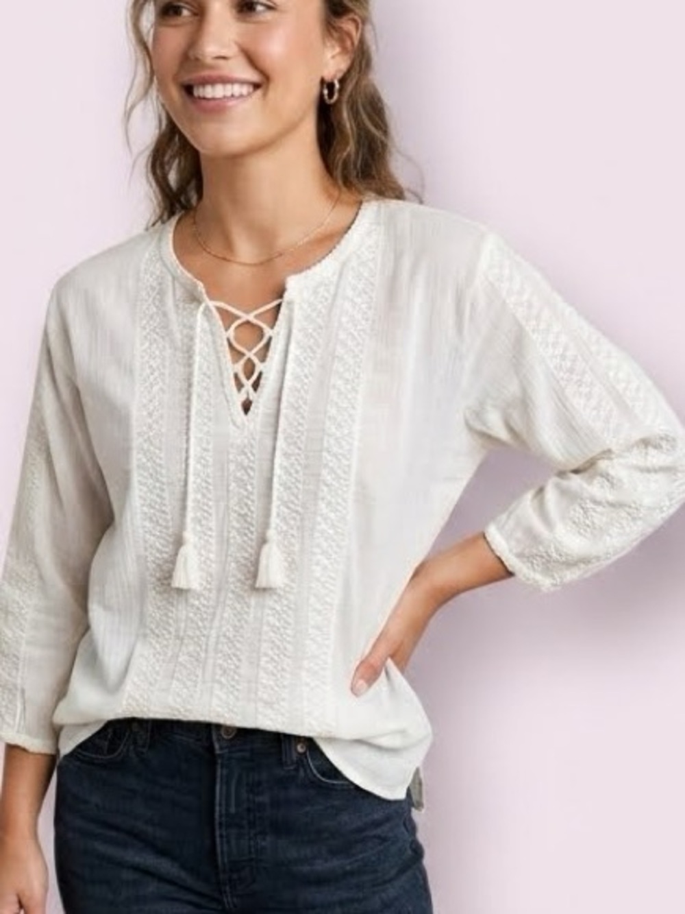 Lauren Ralph Lauren White Embroidered Peasant Top Size Medium
